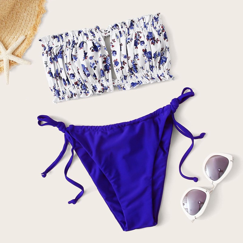 

Floral Ruched Frill Bandeau Tie Side Bikini Swimsuit, Multicolor