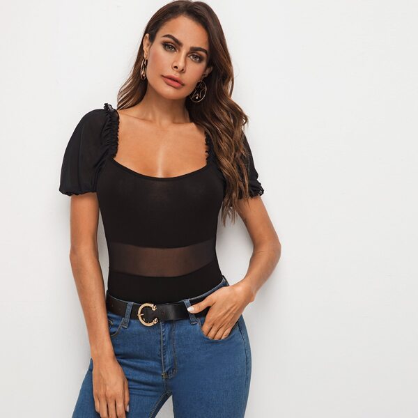 

Frill Trim Puff Sleeve Sheer Mesh Insert Top, Black