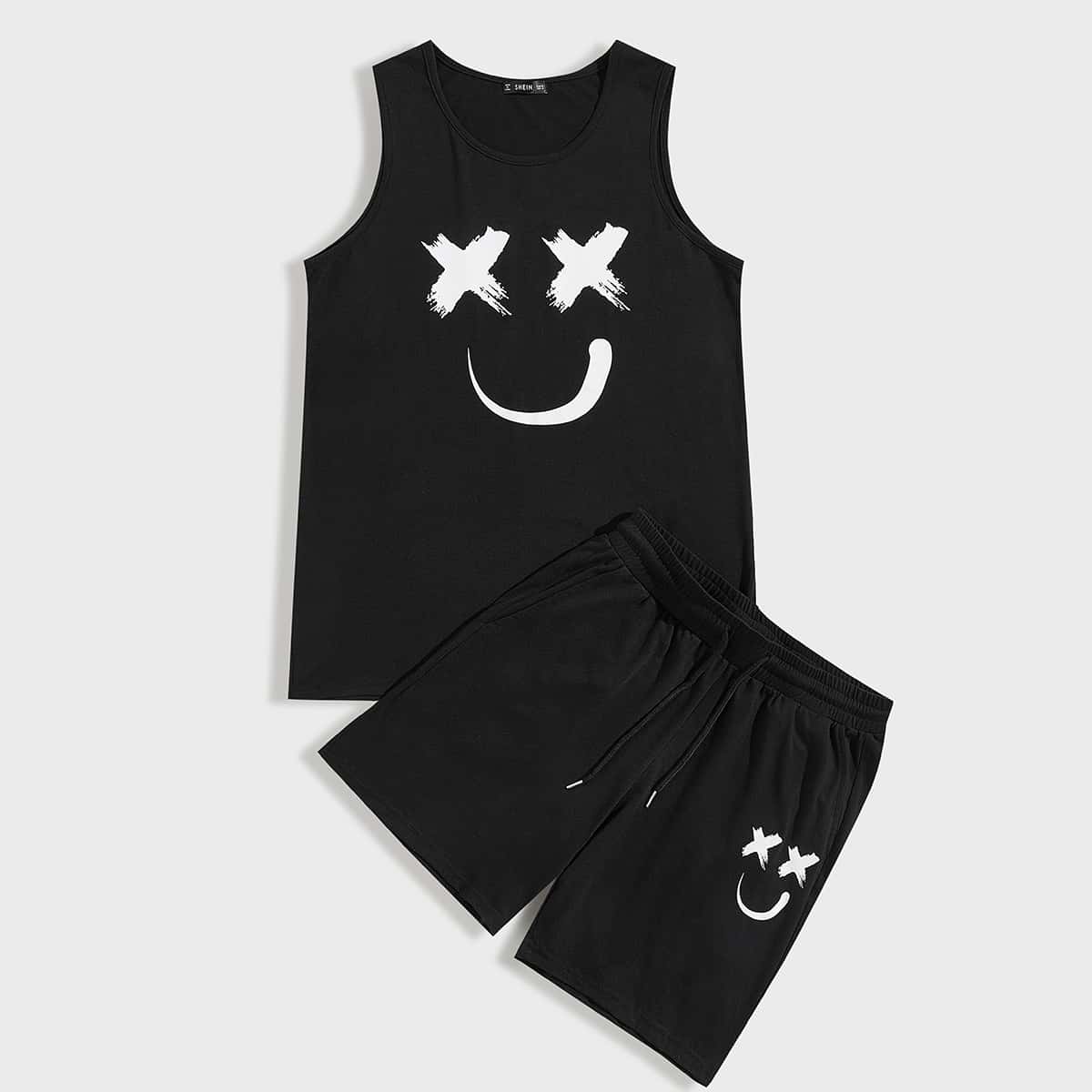 

Guys Cartoon Graphic Tank Top & Shorts Set, Black