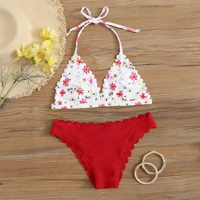 

Floral Scallop Trim Triangle Bikini Swimsuit, Multicolor
