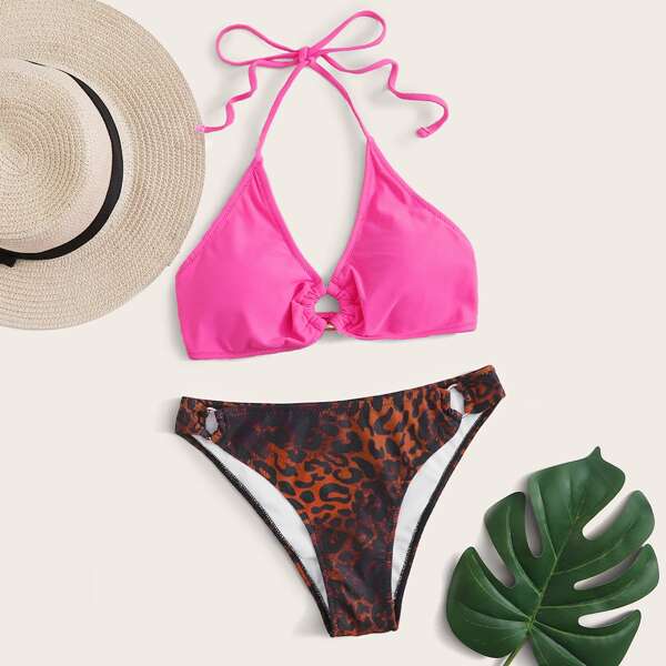 

Leopard Ring Linked Halter Bikini Swimsuit, Multicolor