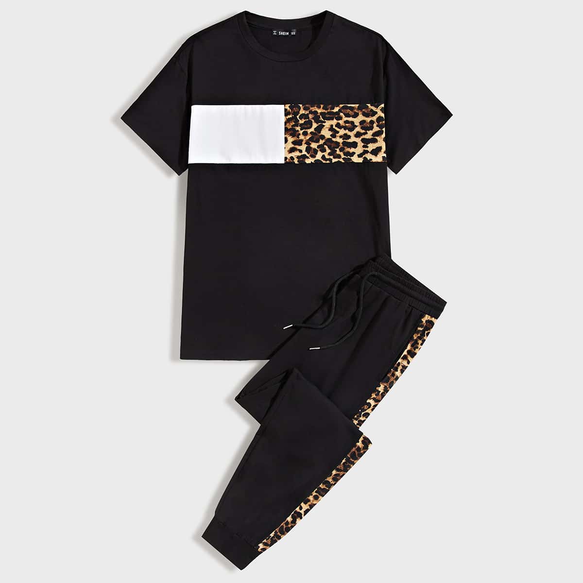 

Guys Leopard Panel Colorblock Tee and Joggers Set, Black