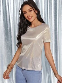 Short Sleeve Metallic Tee - Gold - View 5