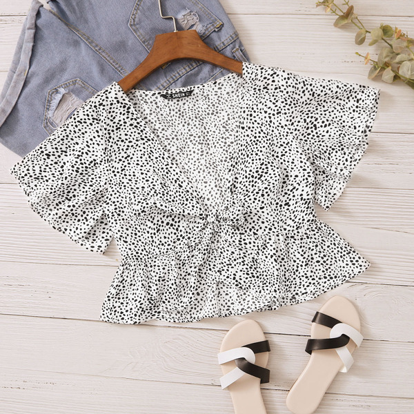 

Butterfly Sleeve Knot Front Dalmatian Peplum Top, White