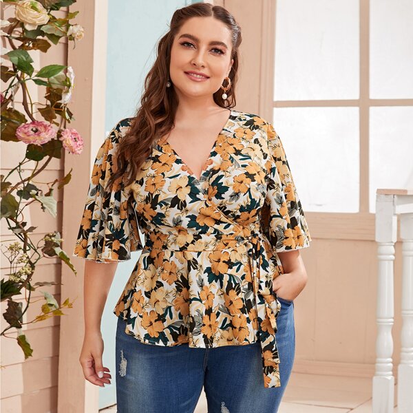 

Plus Flutter Sleeve Wrap Tie Side Floral Blouse, Multicolor