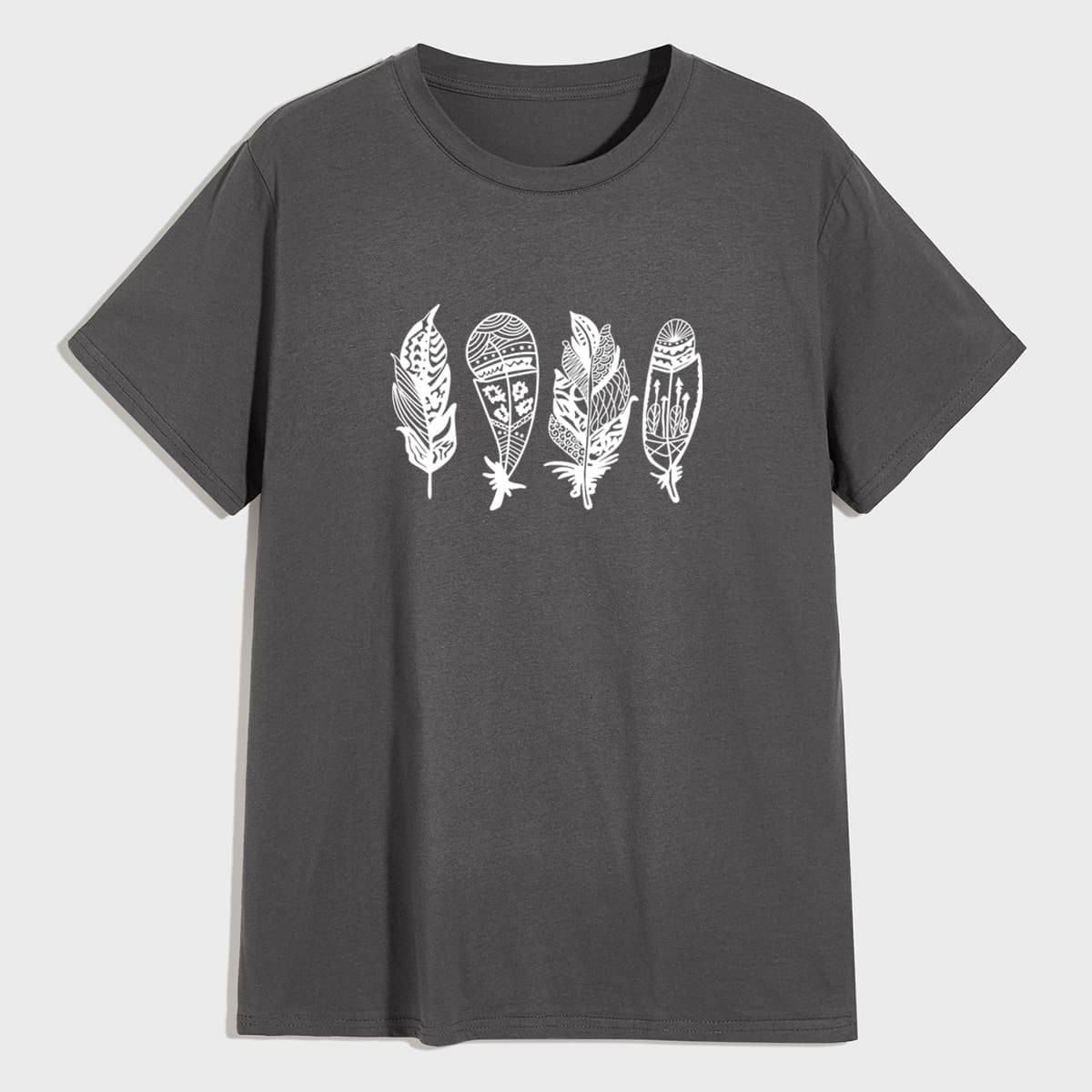 

Guys Feather Print Round Neck Tee, Grey