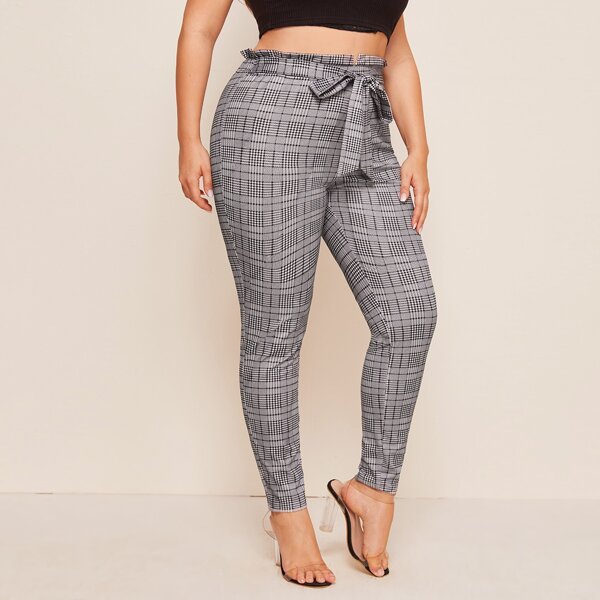 

Plus Paperbag Waist Belted Plaid Pants, Grey