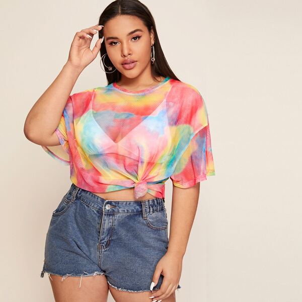 

Plus Tie Dye Sheer Mesh Top, Multicolor