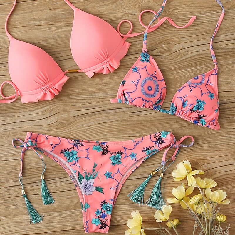 

Floral Tie Side 3 Piece Bikini Swimsuit, Pink