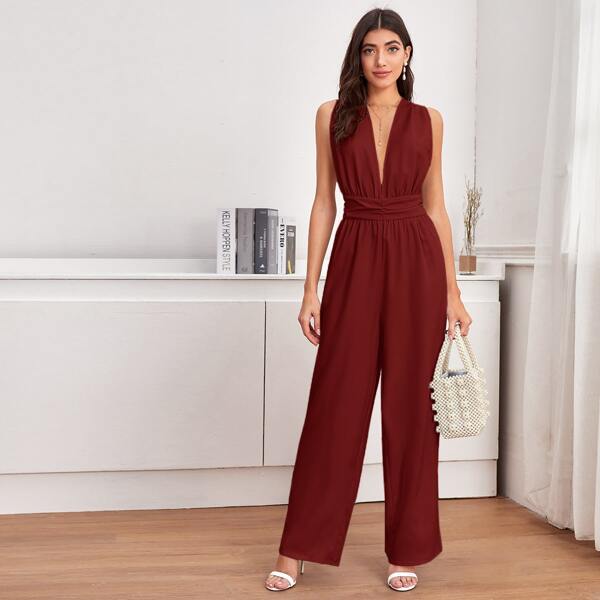 

Plunging Neck Wide Leg Jumpsuit, Burgundy