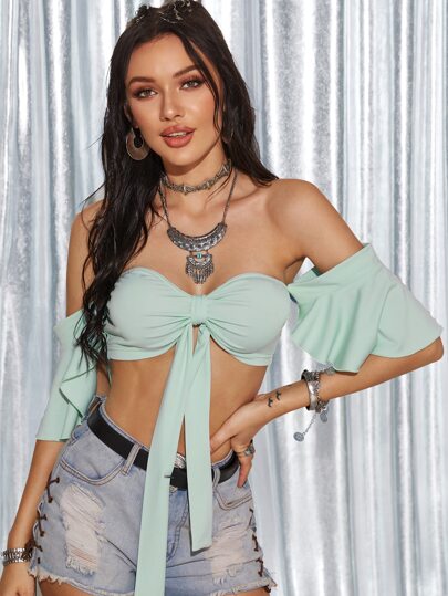 Tie Front Flutter Sleeve Crop Top
