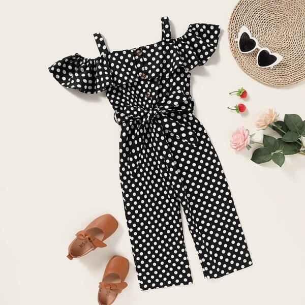 

Toddler Girls Open Shoulder Button Front Polka Dot Jumpsuit, Black