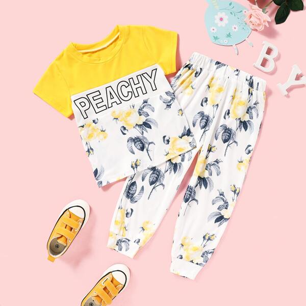 

Toddler Girls Floral Letter Graphic Tee With Joggers, White