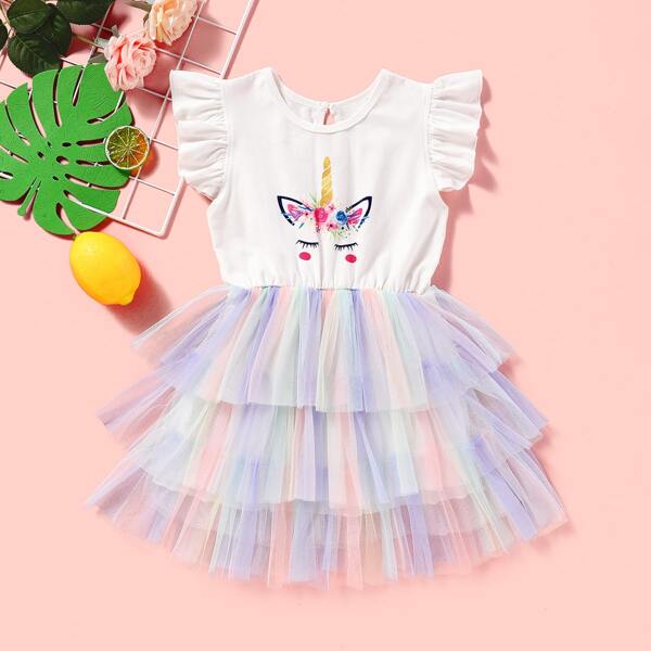 

Toddler Girls Unicorn Print Layered Tulle Dress, Multicolor