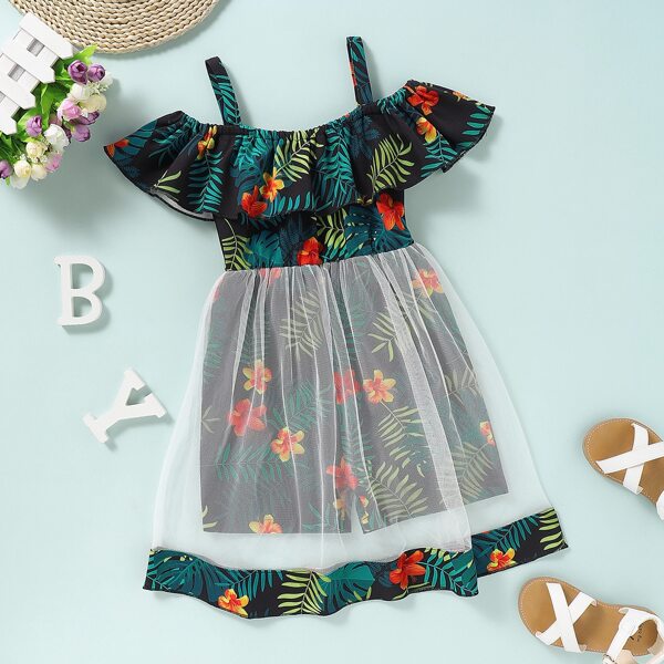 

Toddler Girls Contrast Mesh Tropical Print Romper, Multicolor