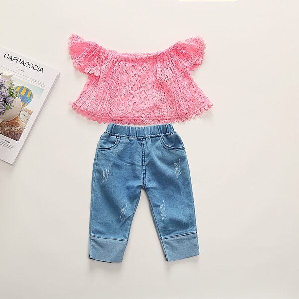 

Toddler Girls Contrast Guipure Lace Top With Scratch Jeans, Multicolor