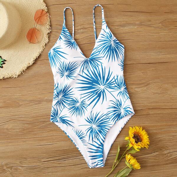 

Palm Random Print One Piece Swimsuit, Blue