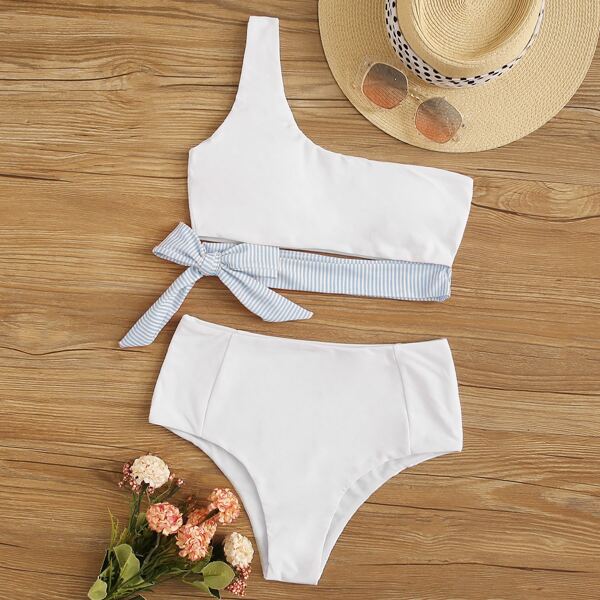 

One Shoulder High Waisted Bikini Swimsuit, White