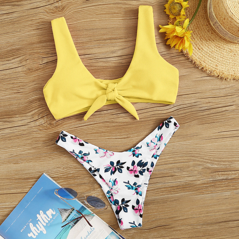 

Floral Knot Front High Cut Bikini Swimsuit, Multicolor