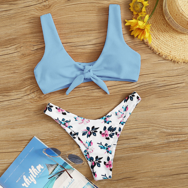 

Floral Knot Front High Cut Bikini Swimsuit, Multicolor