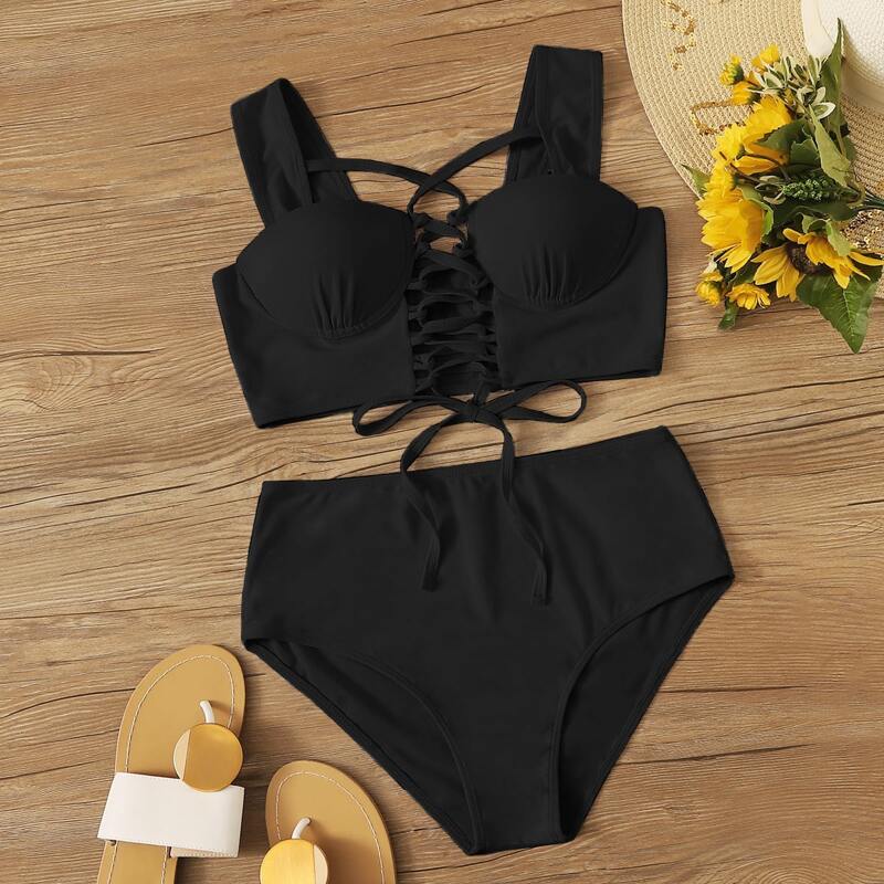 

Lace Up Front Underwire High Waisted Bikini Swimsuit, Black
