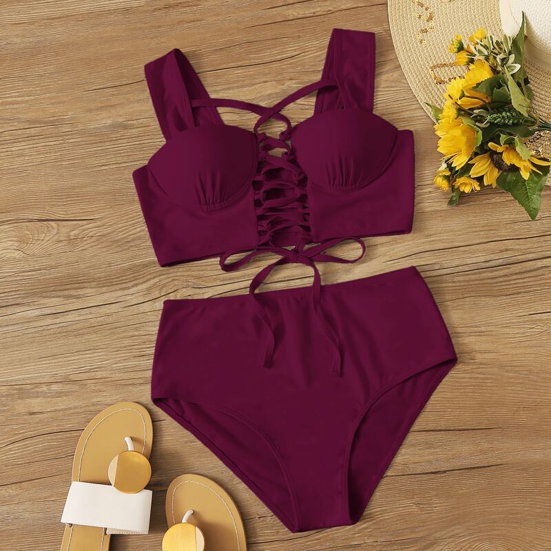 

Lace Up Front Underwire High Waisted Bikini Swimsuit, Burgundy