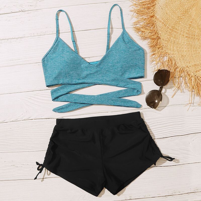 

Wrap Drawstring Shorts Bikini Swimsuit, Multicolor