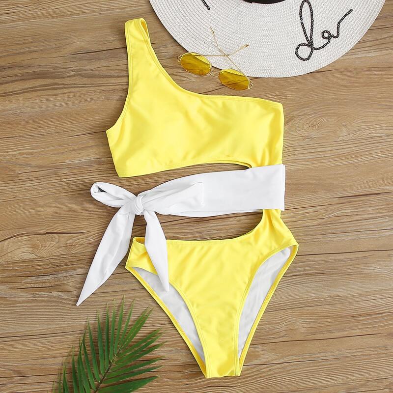 

Tie Waist One Shoulder One Piece Swimsuit, Yellow