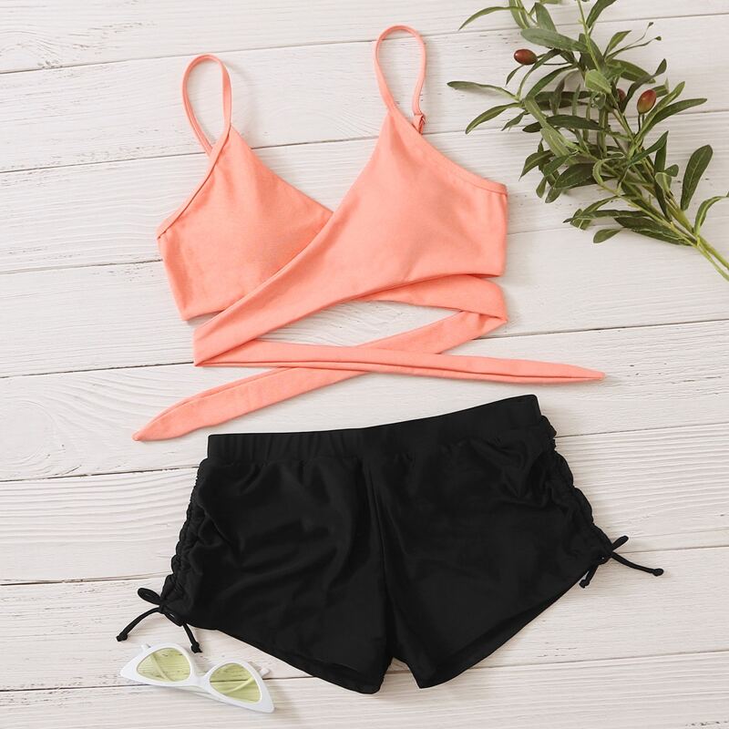

Wrap Drawstring Shorts Bikini Swimsuit, Multicolor