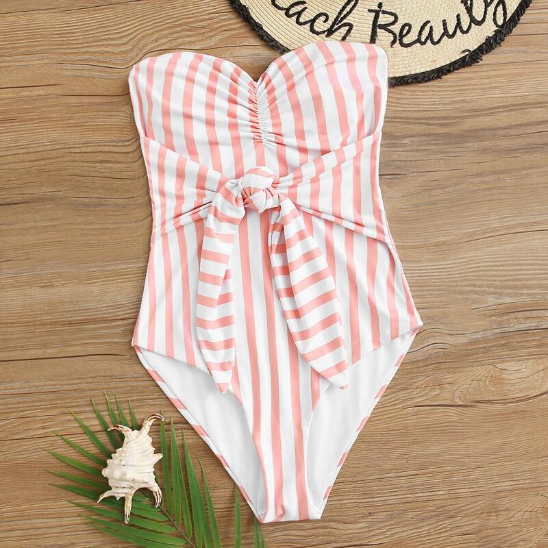 

Striped Tie Front Bandeau One Piece Swimsuit, Pink
