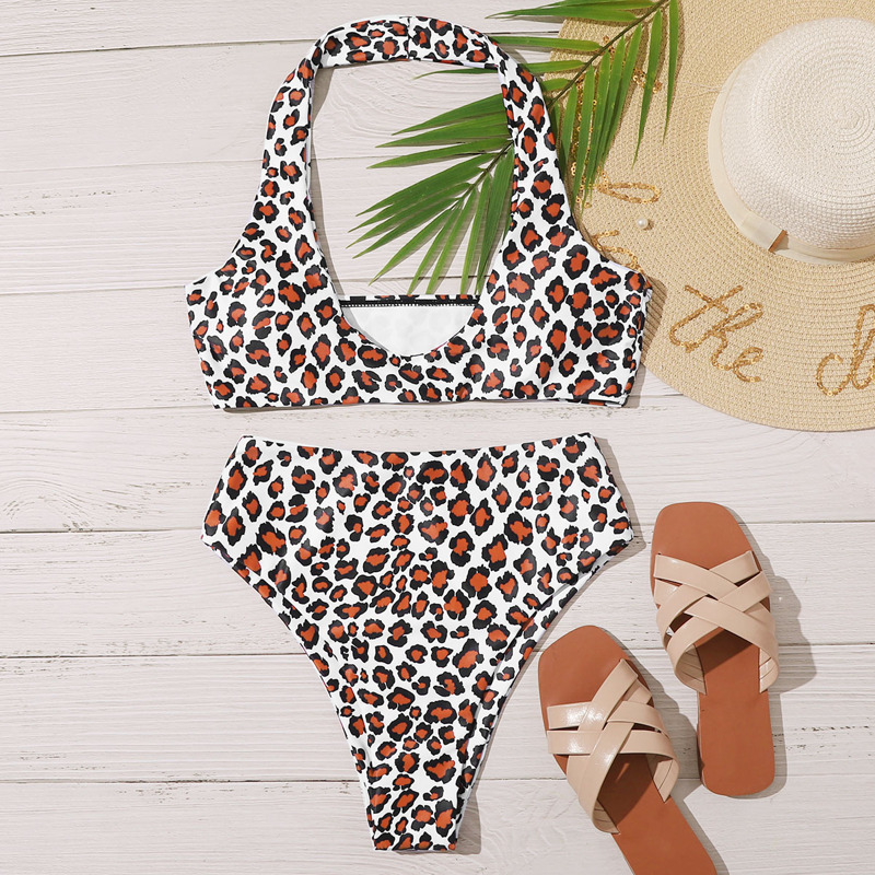 

Leopard Halter High Waisted Bikini Swimsuit, Multicolor
