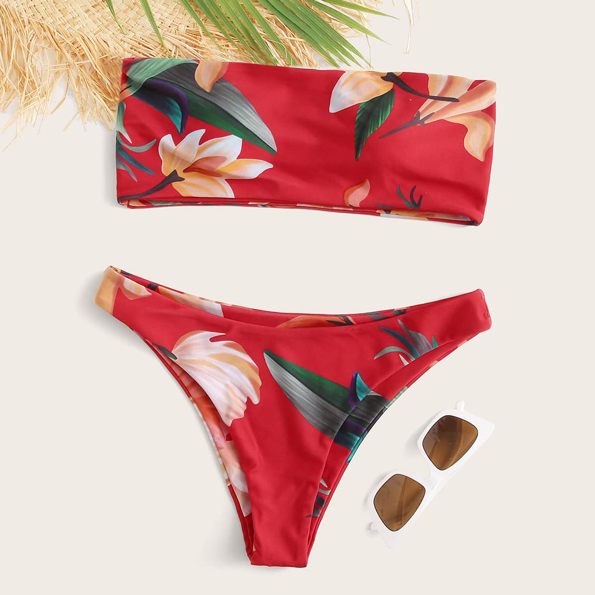 

Floral Print Bandeau Cheeky Bikini Swimsuit, Red