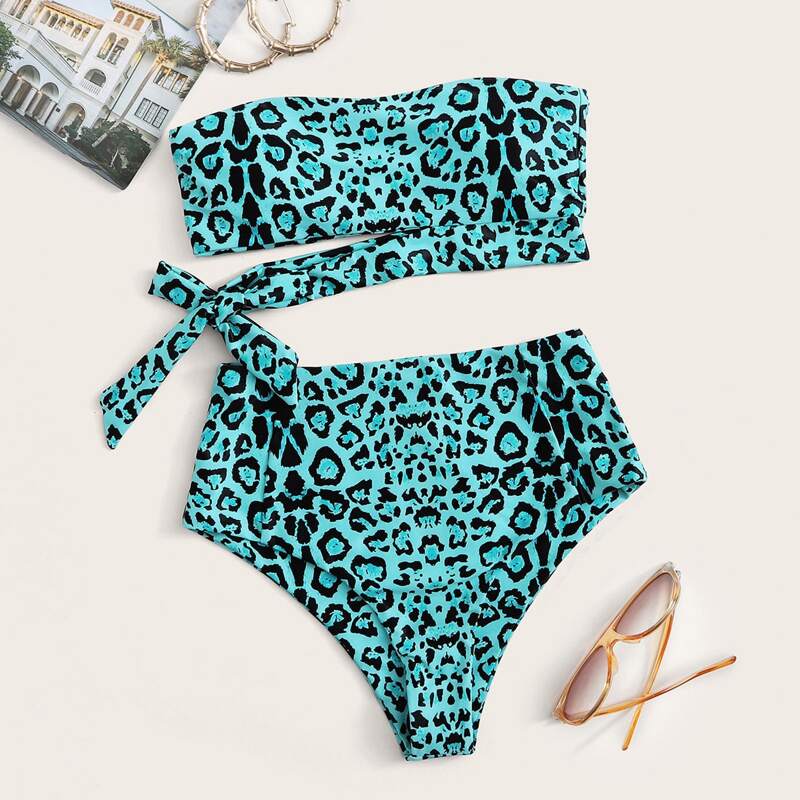 

Leopard Knot Bandeau High Waisted Bikini Swimsuit, Multicolor