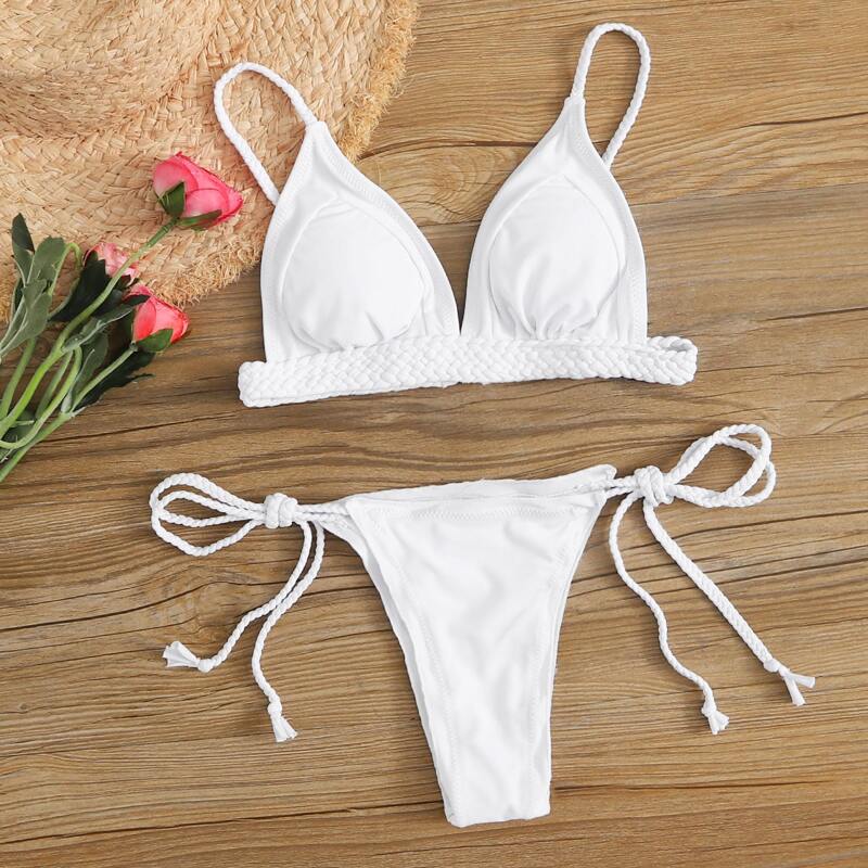 

Braided Strap Triangle Tie Side Bikini Swimsuit, White