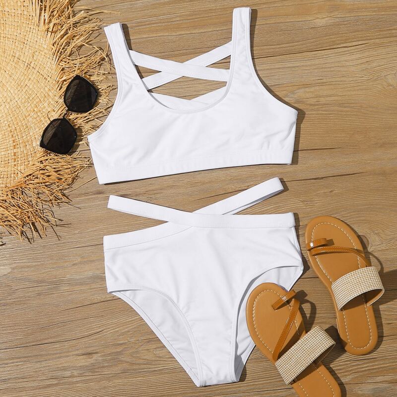 

Criss Cross Back High Waisted Bikini Swimsuit, White