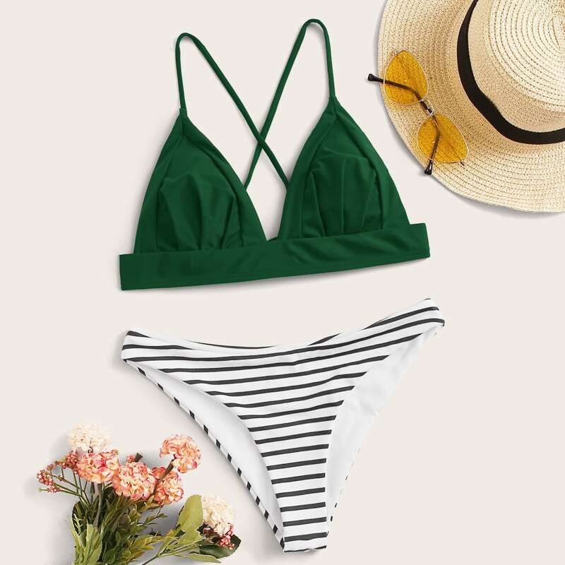 

Striped Tie Back Triangle Bikini Swimsuit, Multicolor