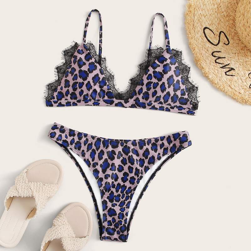 

Leopard Lace Trim Triangle Bikini Swimsuit, Multicolor