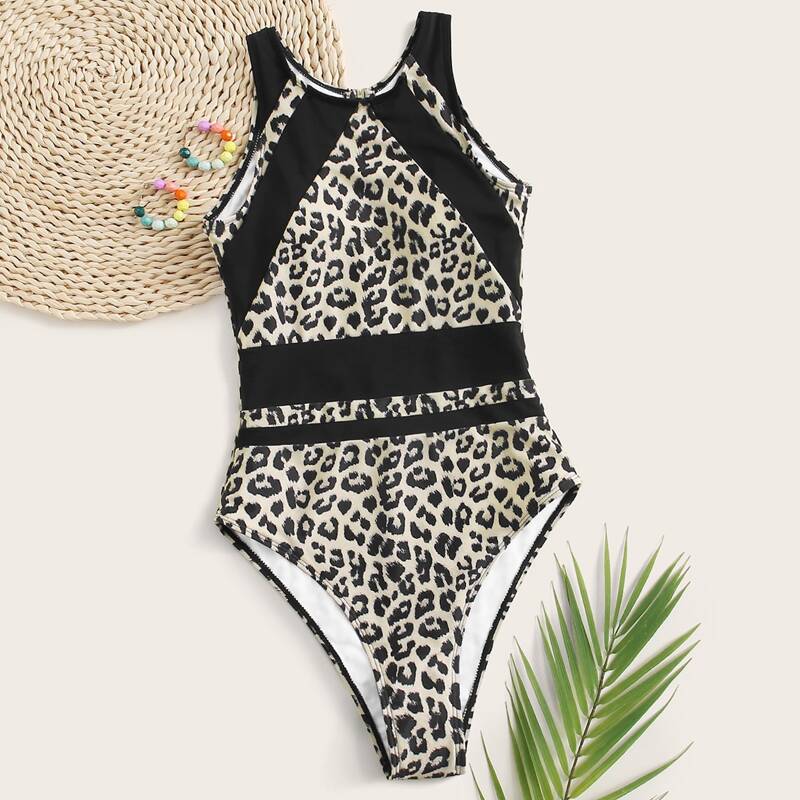 

Leopard Open Back One Piece Swimsuit, Multicolor