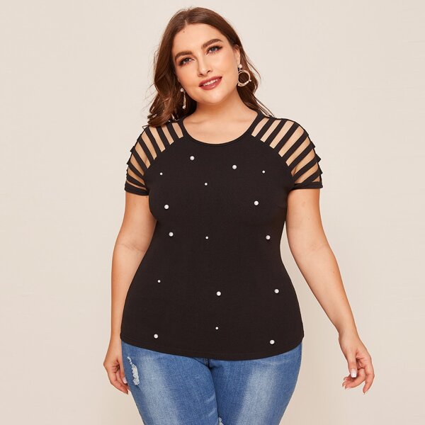

Plus Laddering Raglan Sleeve Pearls Beaded Top, Black