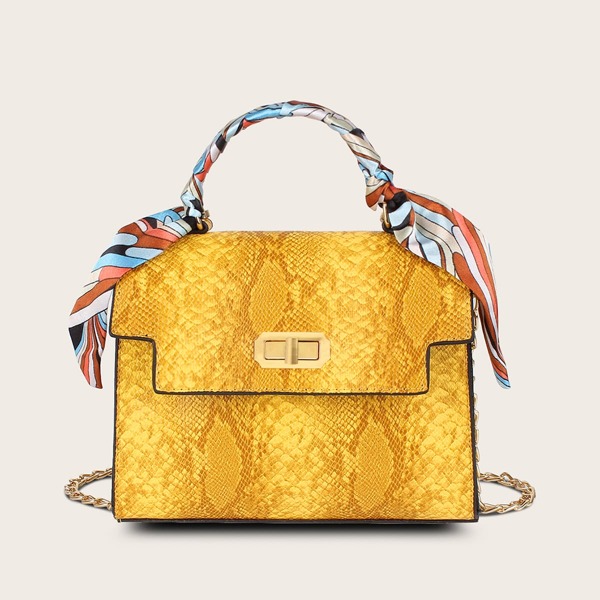 

Сумка-сэтчел с змеиным узором и декором шарфа, Жёлтые