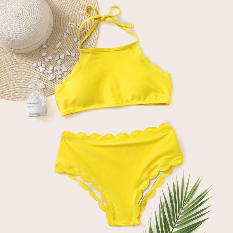 

Scallop Trim Halter High Waisted Bikini Swimsuit, Yellow
