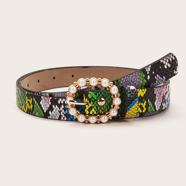 

Faux Pearl Decor Snakeskin Print PU Buckle Belt, Multicolor
