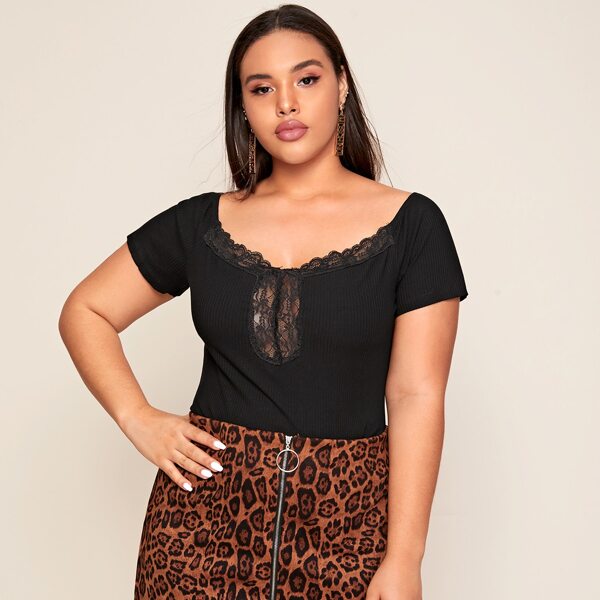 

Plus Lace Detail Rib-knit Top, Black