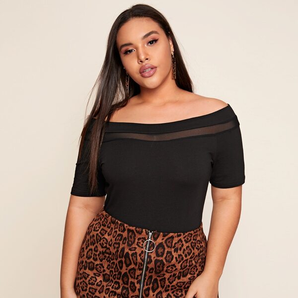 

Plus Off Shoulder Mesh Insert Top, Black