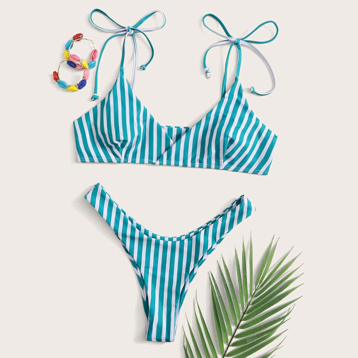 

Striped Tie Shoulder High Cut Bikini Swimsuit, Green