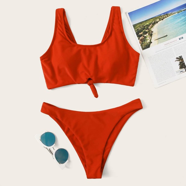 

Knot Front Cheeky Bikini Swimsuit, Red
