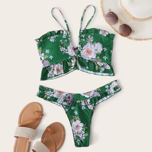 

Floral Ruffle Tie Back Tanga Bikini Swimsuit, Green