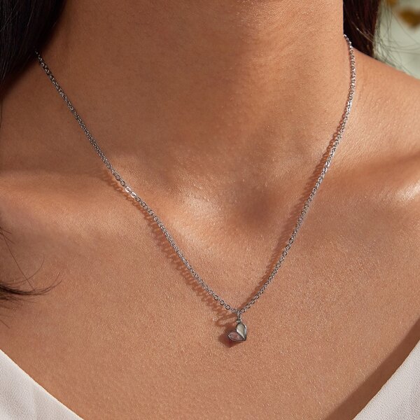 

1pc Two Tone Heart Charm Necklace, Silver