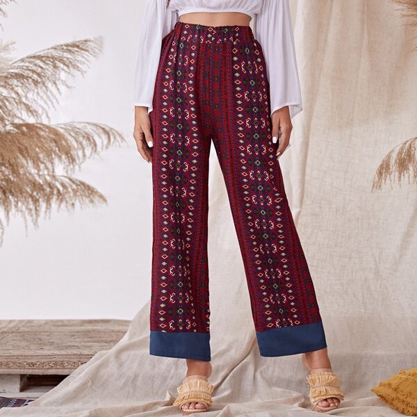 

Tribal Print Colorblock Wide Leg Pants, Burgundy