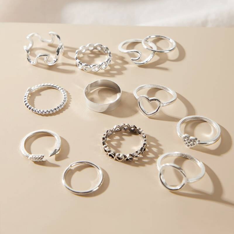 

12pcs Geometric & Heart Decor Ring, Silver
